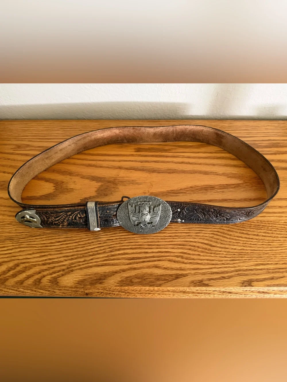 Vintage Frederick of Canada Pewter Totem Eagle Leather Belt Ranger